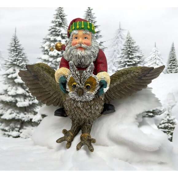 Vintage Santa Riding Owl Christmas Figurine Rustic Nature Sculpture - Picture 1 of 8